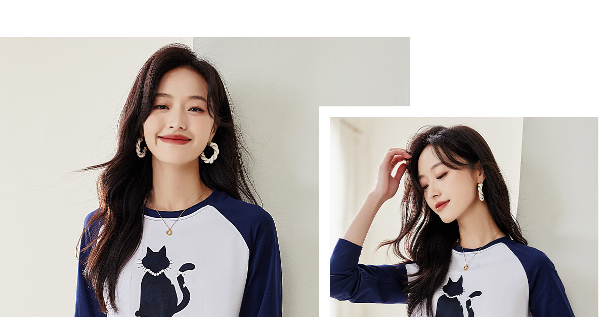 Pincai Women's Long Sleeve T-Shirt Cute Cat Print Colorblock Crew Neck Raglan Sleeve Trendy Top P143T2027 38