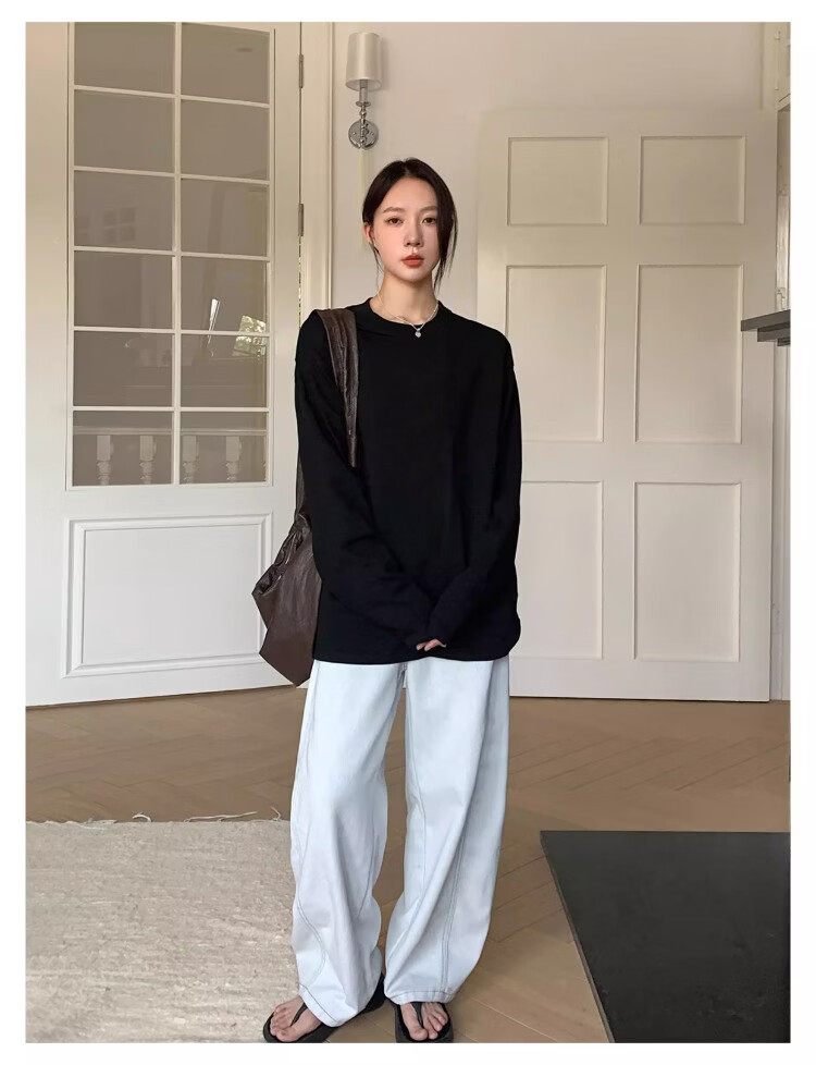 ICH MODE "Versatile King" Bamboo Cotton White Long Sleeve T-Shirt Women Loose Pullover Solid Color Base Shirt White XL 16
