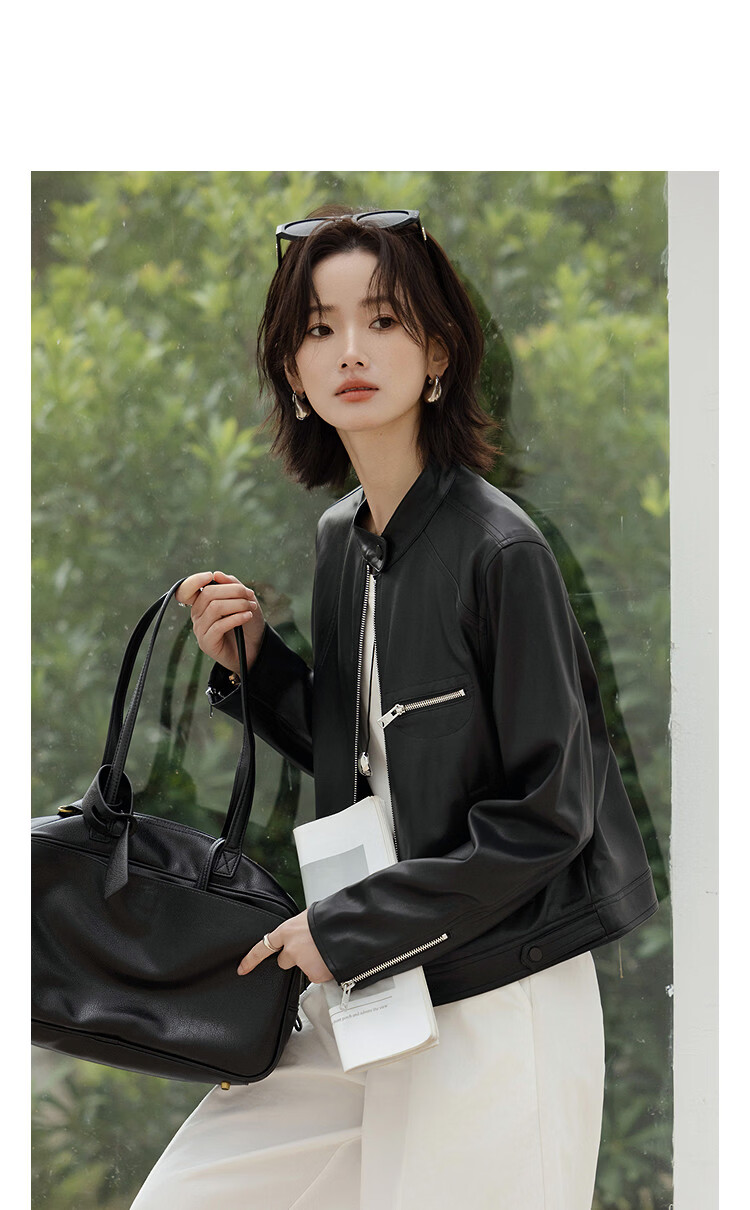 Demana Vintage Street Spring Motorcycle Style Stand Collar Asymmetric Patchwork Loose Short Petite Women's Jacket 11