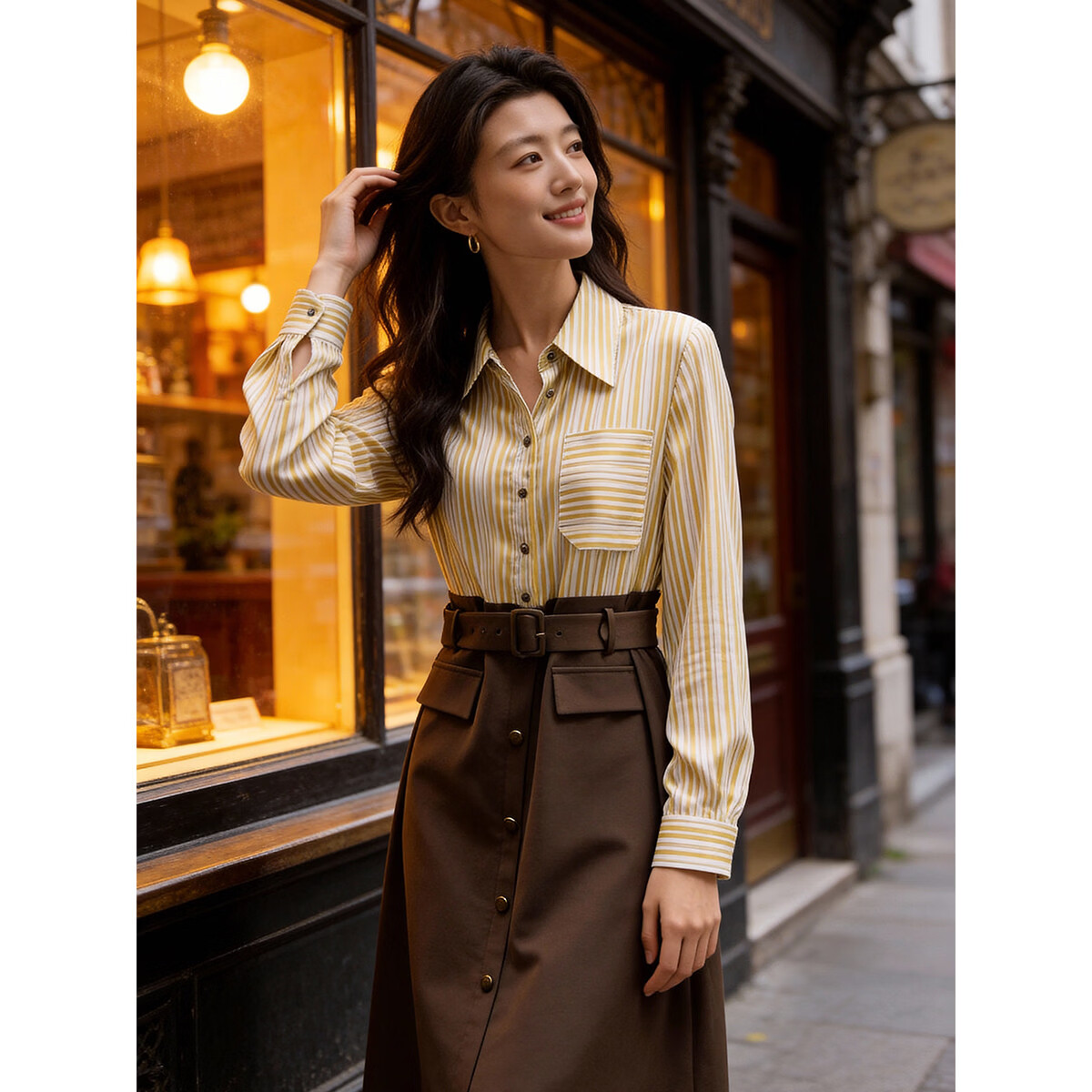 Demana [Smart Urban] Spring Satin Striped Faux Pocket Spliced A-Line Belted Petite Women's Dress