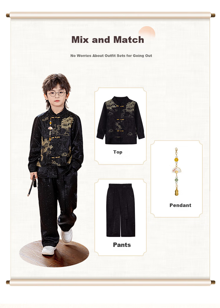 Radish Beibei Children's Traditional Chinese Style Suit Tang Suit Hanfu Boys Host New Year Outfit Black Three-Piece Set Size 130 3