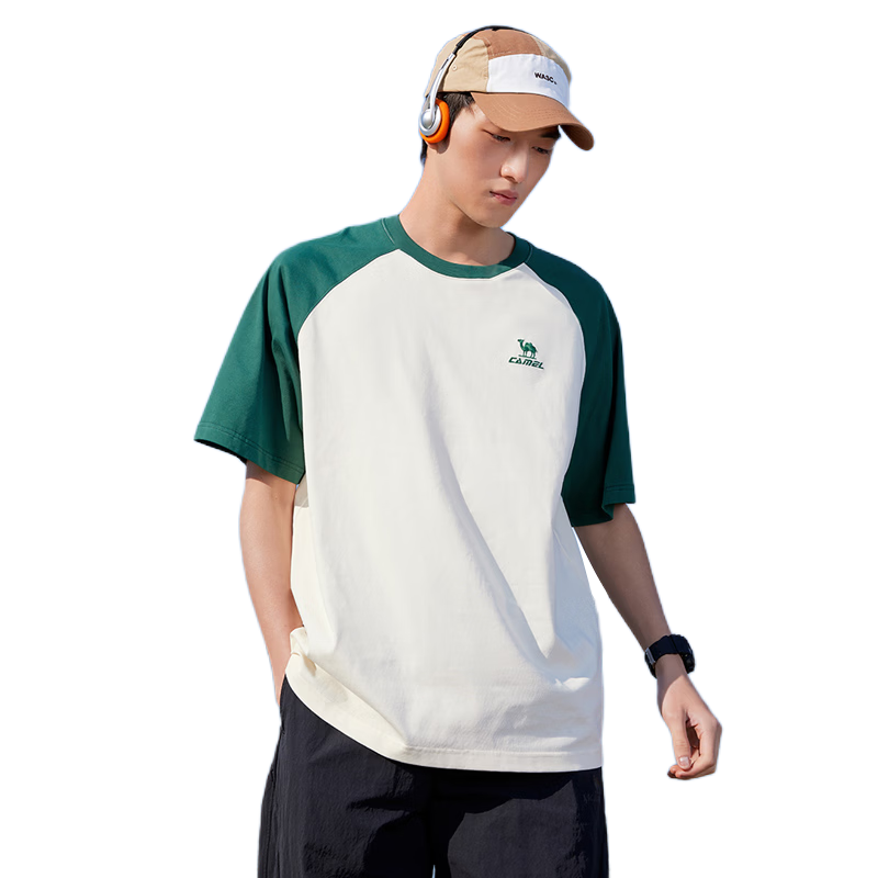CAMEL Loose Casual Short Sleeve T-Shirt Unisex Couple Cotton Feel Top C36BAVLR084 Warm White/Green L