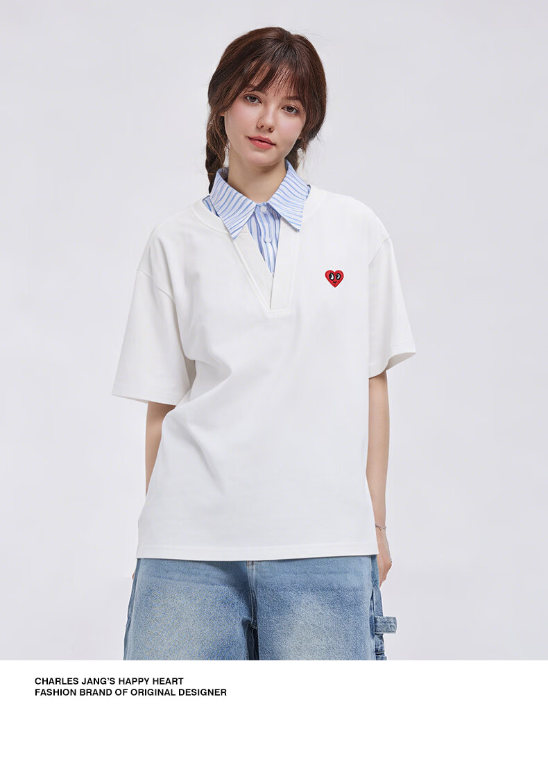 Charles Peach Heart Summer Premium Striped Collar Small Heart Couple Casual Short Sleeve Polo Shirt Navy Blue L 2