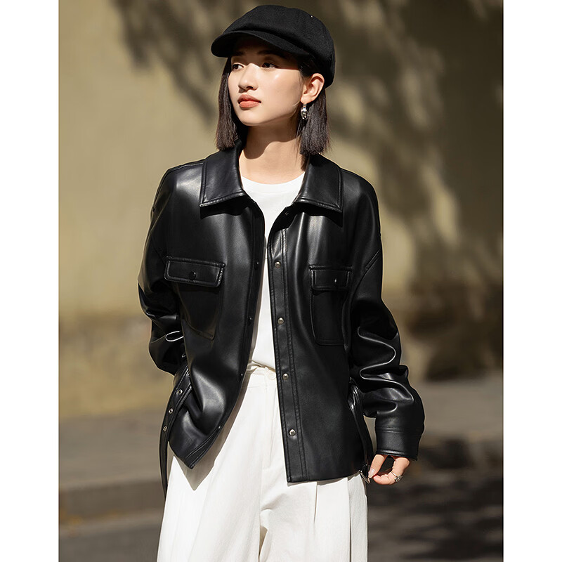 Demana Black Chocolate Bagel Spring Motorcycle Style Lapel Waist-Tied Glossy PU Large Pocket Women's Leather Jacket