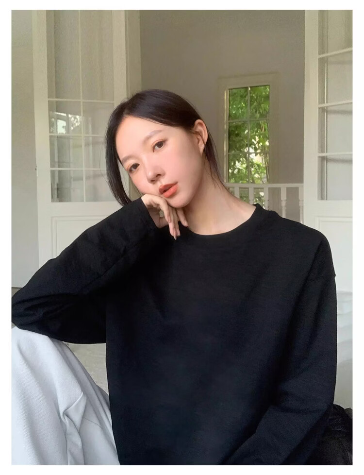 ICH MODE "Versatile King" Bamboo Cotton White Long Sleeve T-Shirt Women Loose Pullover Solid Color Base Shirt White XL 18
