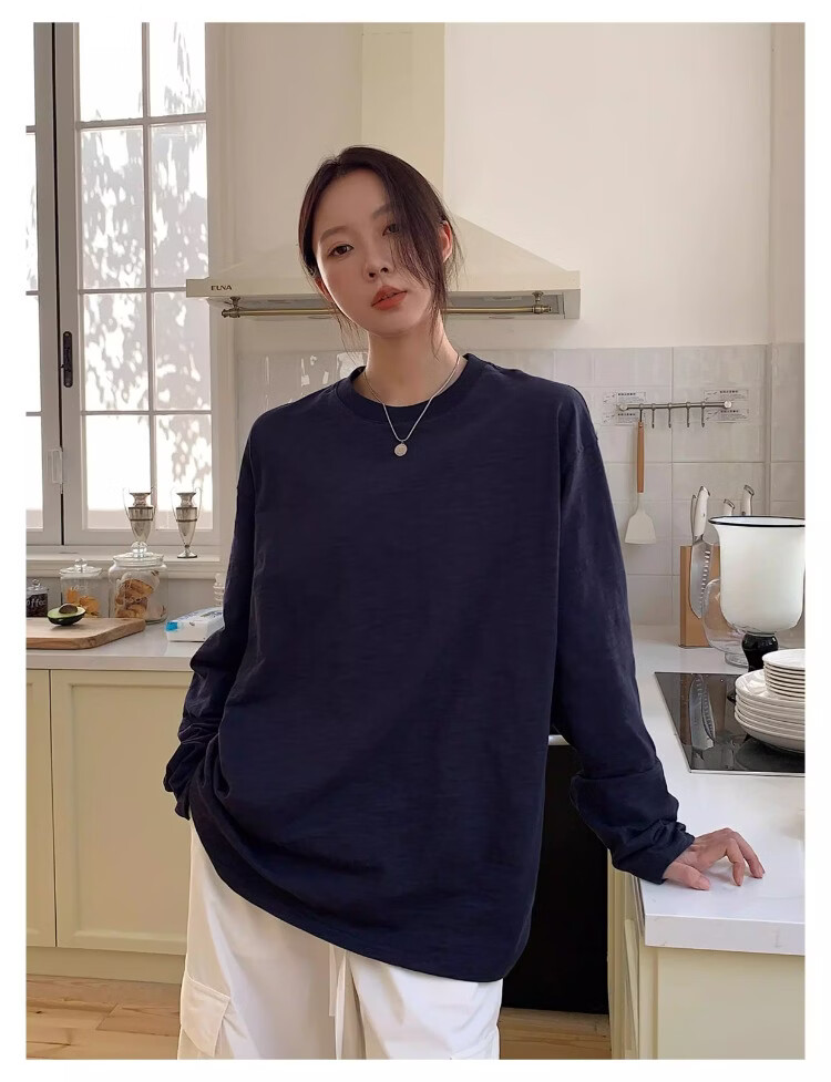 ICH MODE "Versatile King" Bamboo Cotton White Long Sleeve T-Shirt Women Loose Pullover Solid Color Base Shirt White XL 12