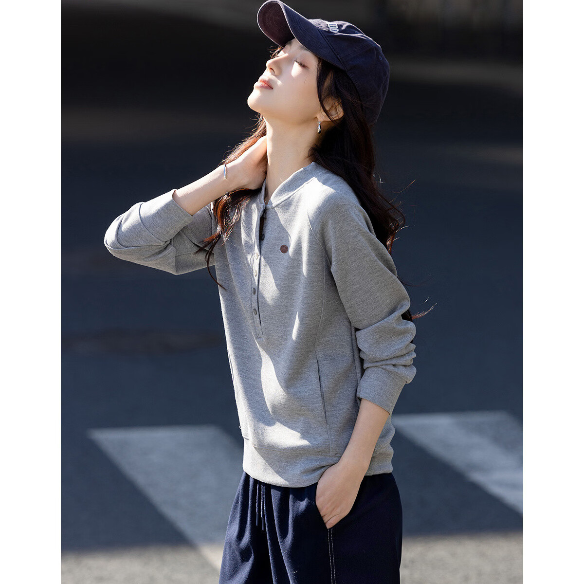 Demana Practicalism Spring Urban Style Henley Collar Small Leather Label Raglan Sleeve Slimming Concealment Jacket for Women High-End Feel