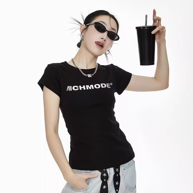 ICH MODE American Slim Fit Shoulder T-Shirt Women Summer New Short Crop Top Black L