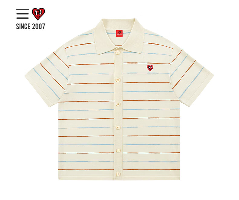 Charles Peach Heart Summer Trendy Small Heart Striped Couple Short Sleeve Polo Shirt Cool Casual Unisex Off-White XS 5
