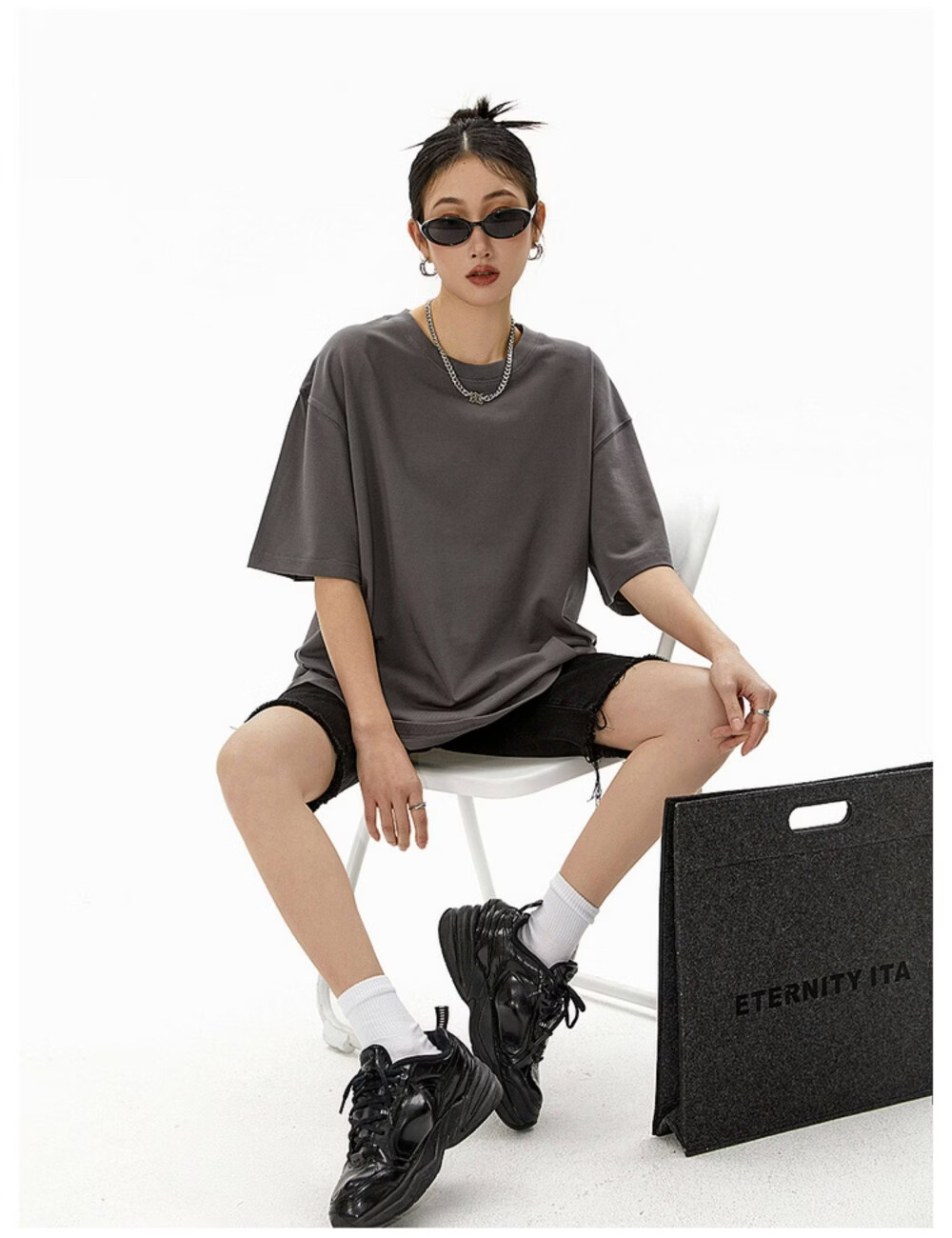 ICH MODE American Style Heavyweight 300g Solid Color Short Sleeve T-Shirt Women Summer New Loose Fit Versatile Half Sleeve Top White M 3