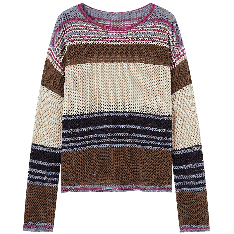 Demana Vintage Woven Light Spring Hollow Out Color Block Striped Crew Neck Loose Knit Sweater for Petite Women
