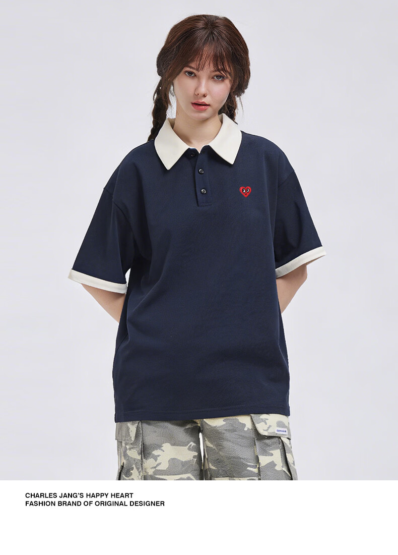 Charles Heart Simple Colorblock Small Heart Couple Casual Cotton Short Sleeve Polo Shirt Unisex Navy Blue XS 3