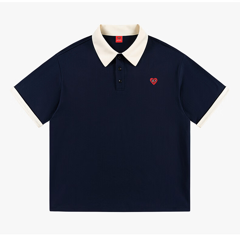 Charles Heart Simple Colorblock Small Heart Couple Casual Cotton Short Sleeve Polo Shirt Unisex Navy Blue XS 9