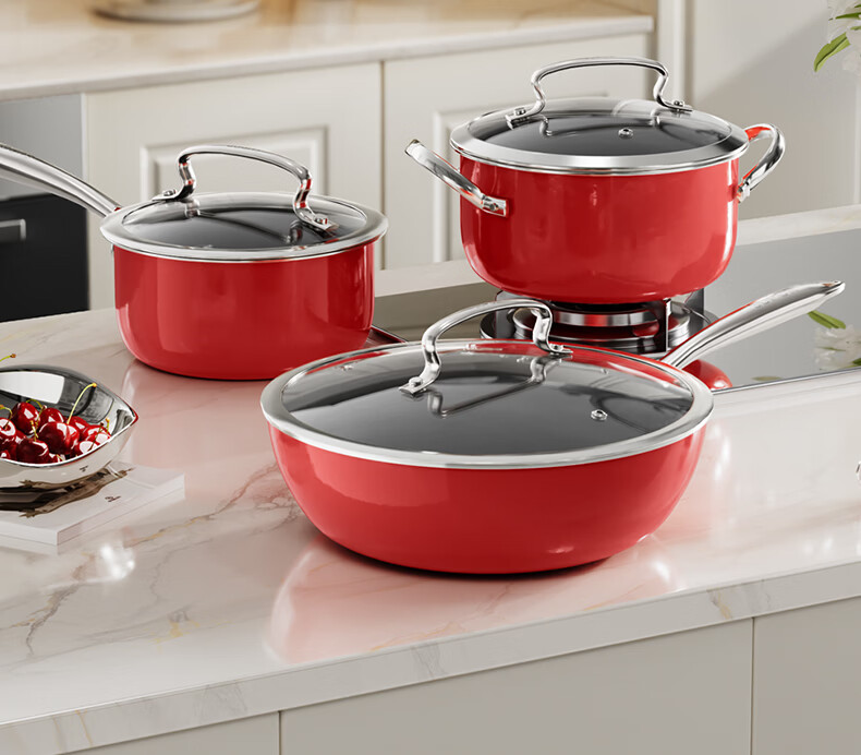 SUPOR Enamel Coated Frying Pan, Soup Pot, Milk Pot Cookware Set 3-Piece TP2406E Housewarming Gift 1
