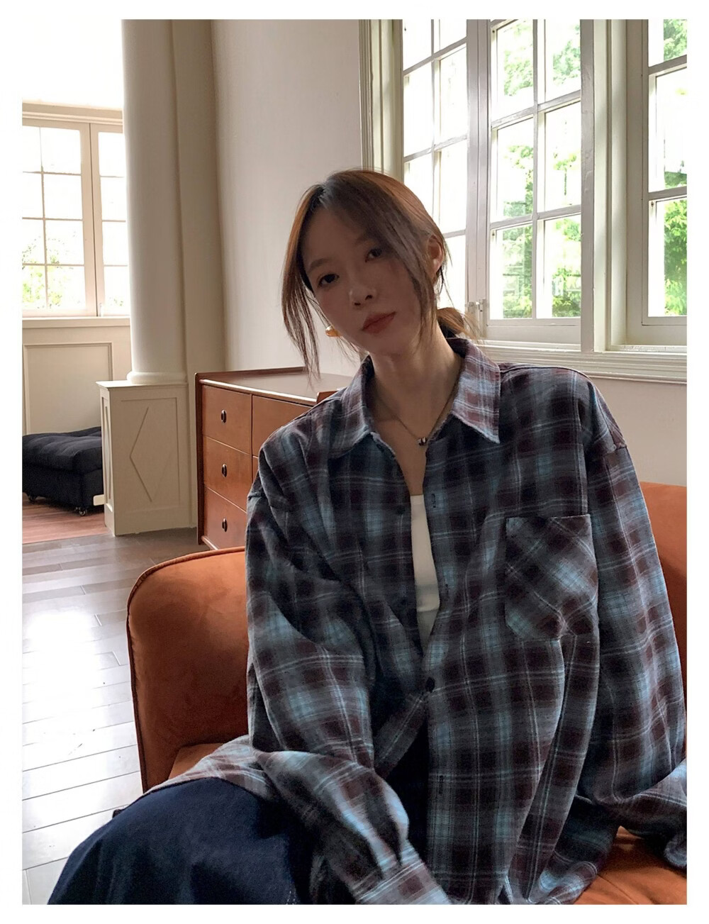 ICH MODE "Jeju Island Breeze" Brushed Plaid Shirt Jacket Women Vintage Check Long Sleeve Korean Style Shirt Blue L 1