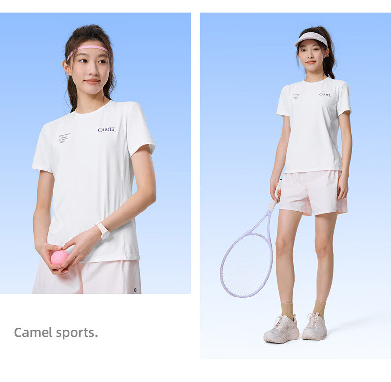 CAMEL Quick-Dry Women's Ice-Feel Sun Protection Crew Neck Short Sleeve Sports T-Shirt C26BARLG053 Morning Smoke Pink L 28