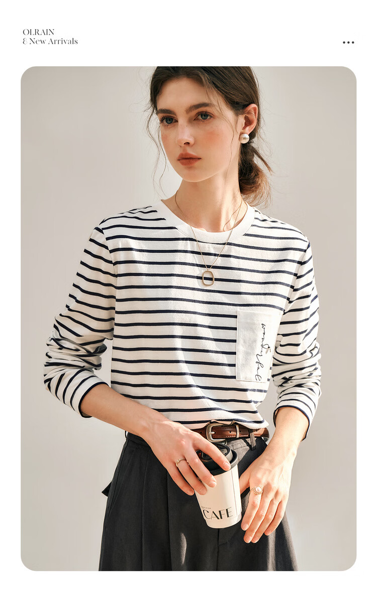 Olrain Eurier Women's Striped Long Sleeve T-Shirt Spring Design Pocket Embroidery Top Striped (Upgraded) XL 5