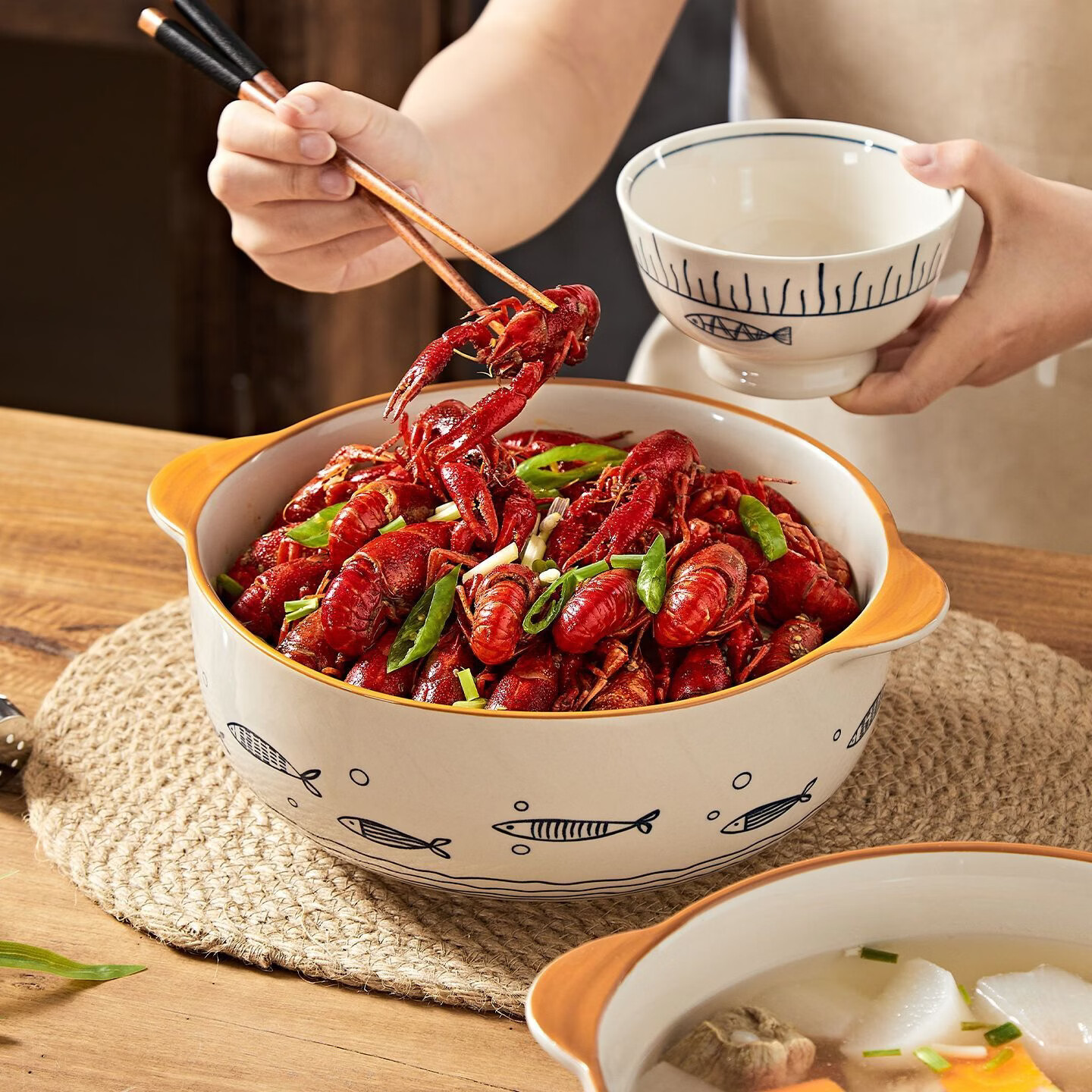 Chuanqi Ceramic Soup Bowl 10.5 Inch Double-Handle Large Soup Bowl Ceramic Tableware Guduyu