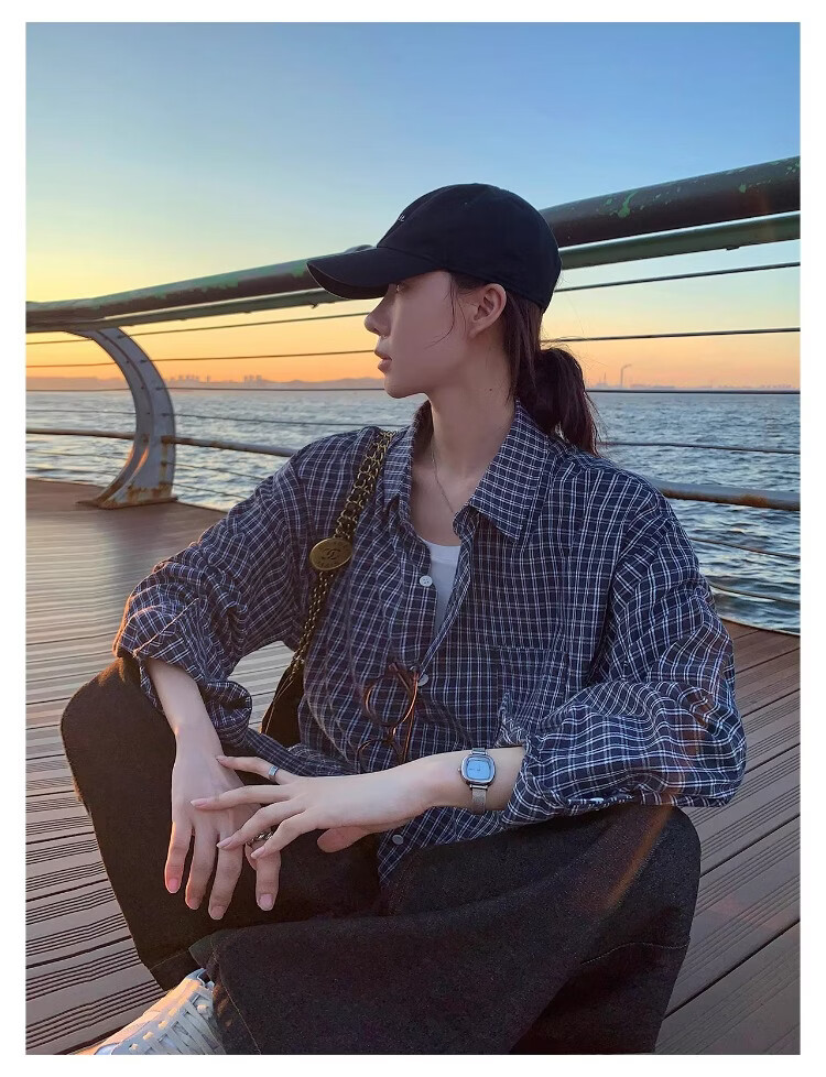 ICH MODE "Plaid Collector" Korean Retro Casual Black and White Plaid Long Sleeve Shirt Spring Autumn Shirt Silver Gray L 6