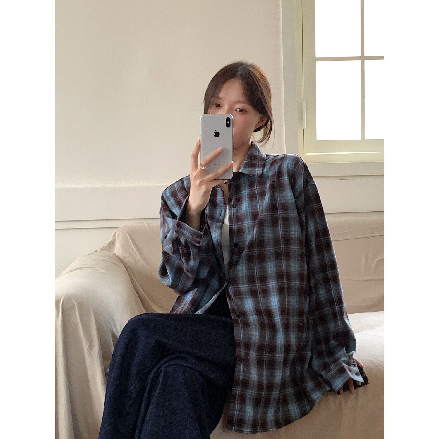ICH MODE "Jeju Island Breeze" Brushed Plaid Shirt Jacket Women Vintage Check Long Sleeve Korean Style Shirt Blue L