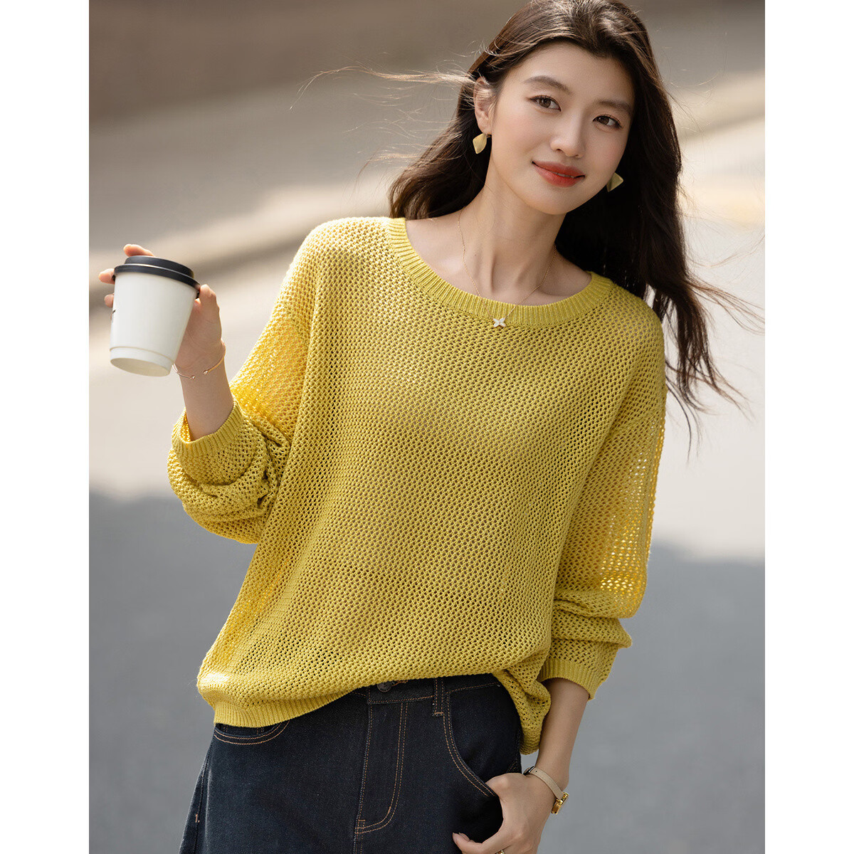 Demana Paper Doll Series Spring Lazy Style Breathable Hollow Knit Long Sleeve Loose Petite Women's Sweater