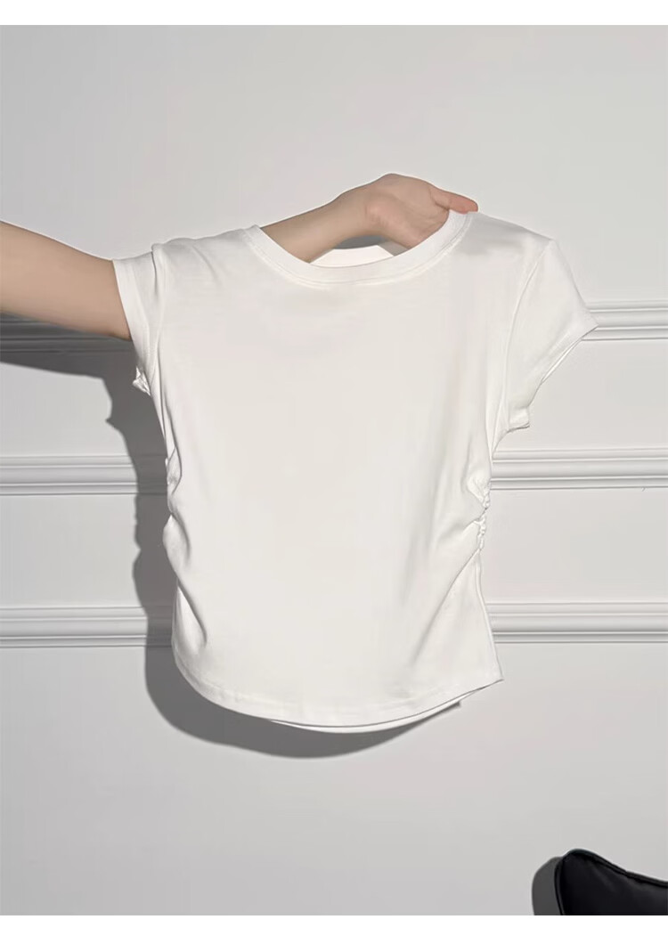 Shuangxing Women's Straight Shoulder Round Neck Short Sleeve T-Shirt Spring Summer 2026 New Design Pleated Waist Slim Top Black XL 8