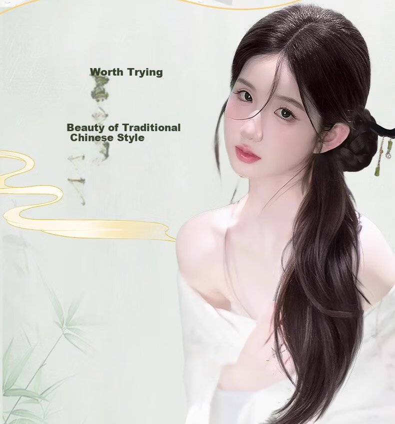 Morning Color New Chinese Style Braided Ponytail Wig for Women Lightweight National Style Ponytail Wig with Hair Clip Ancient Style Hanfu Qipao Braided Side Ponytail 8