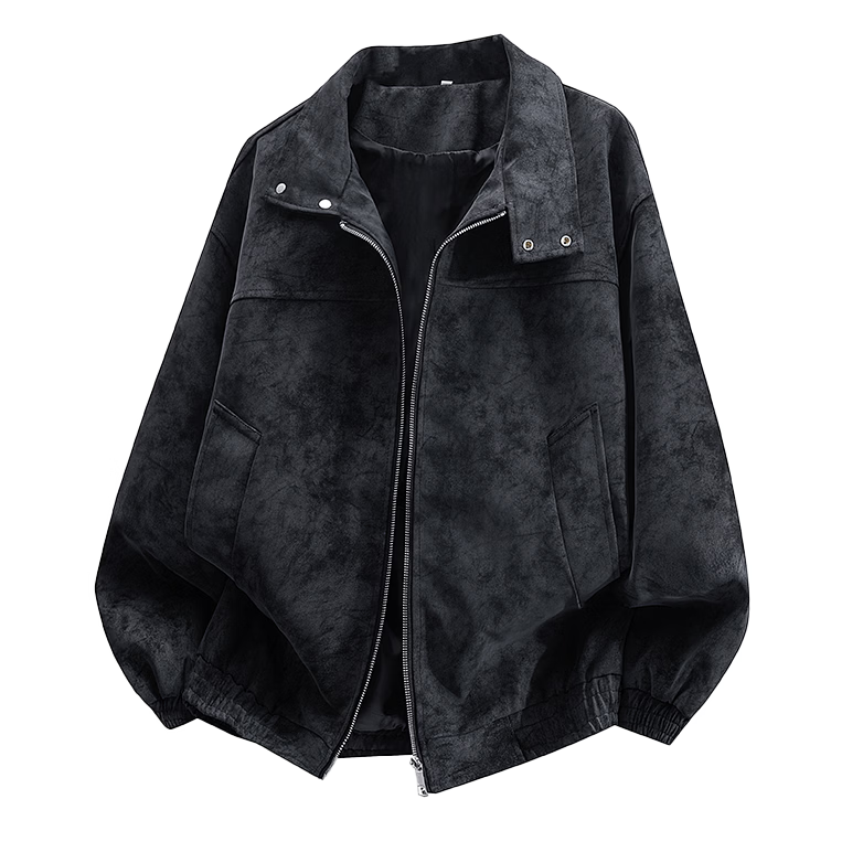 IZEXX Men's Jacket Autumn Winter American Tie-Dye PU Vintage Stand Collar Leather Loose Casual Coat XK56 Black XL