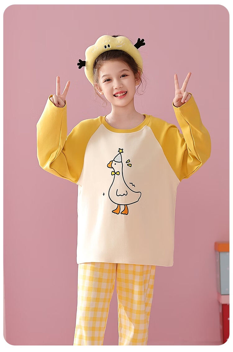 Bingxue Mian Children's Pajamas Girls Pure Cotton Crew Neck Spring Autumn Homewear Set Long Sleeve Long Pants Outerwear Two-Piece Set for Older Kids 19