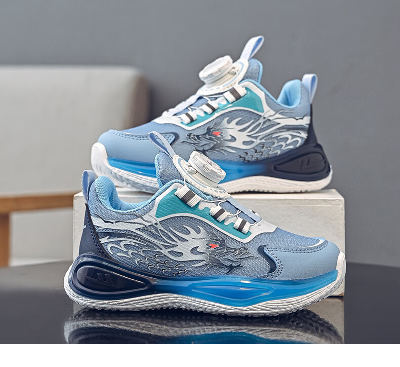 Warrior Boys' Spring Running Shoes Mesh Breathable Rotating Buckle Casual Sports Shoes WZ-2227 Light Blue White Size 34 6