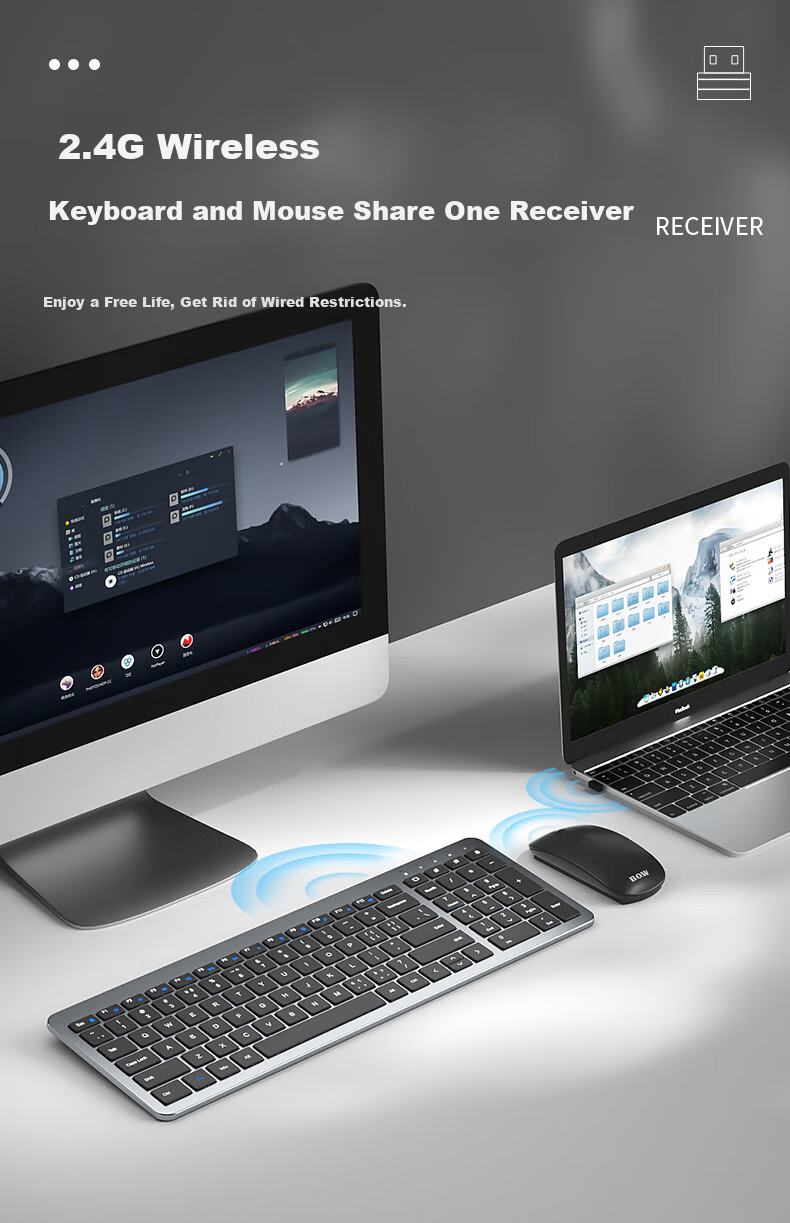 B.O.W Hangshi HW198DL-2 Rechargeable Ultra-thin Wireless Keyboard and Mouse Set for Laptop Desktop External Silent USB Small Business Office Home Use Silver White 4