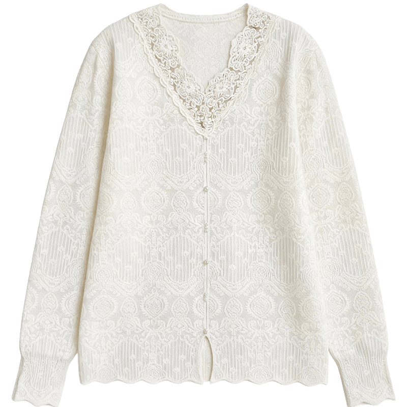 Demana Romantic Contract Spring Lady Style V-Neck Lace Trim Jacquard Slim Knit Sweater Women Premium Feel