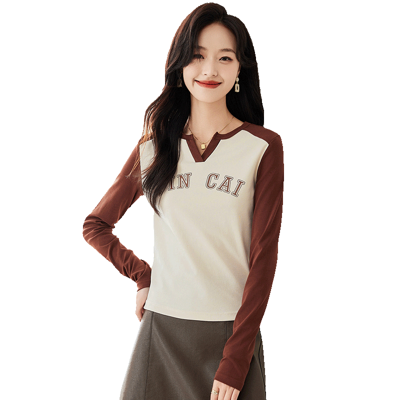 Pincai Women's Long Sleeve V-Neck Letter Print T-Shirt Unique Design Base Top P143T2037