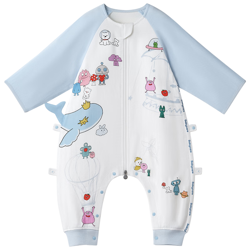 Babycare Baby Spring And Summer Split-Leg Sleeping Bag, Cool Moisture-Wicking Breathable Long Sleeve, 4-Layer Happy Whale, Size 80cm-75
