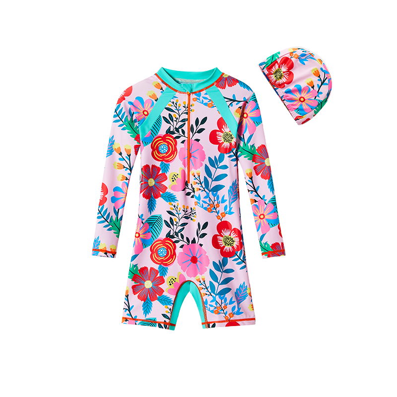ASK JUNIOR Girls' Long Sleeve One-Piece Swimsuit with Swim Cap, Full Print, Summer, Size 120, Hot Spring Bathing