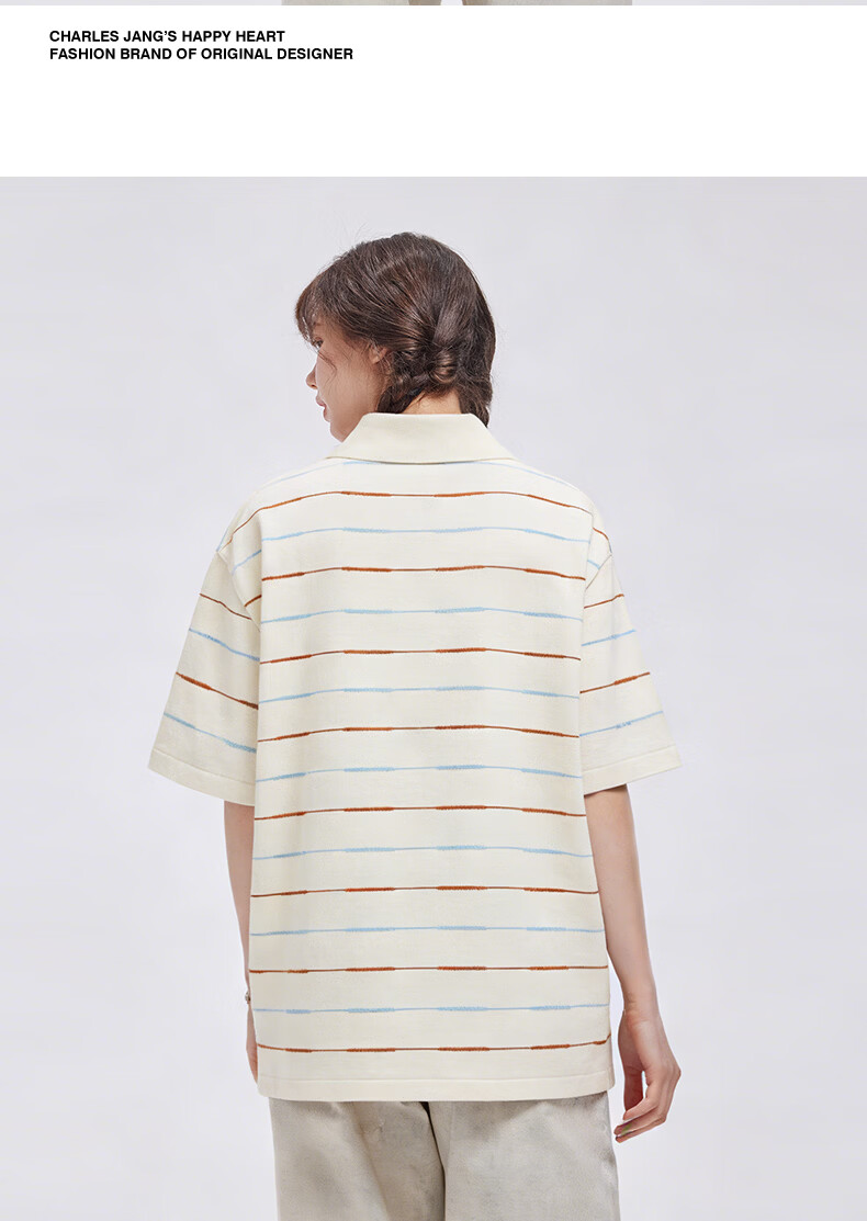 Charles Peach Heart Summer Trendy Small Heart Striped Couple Short Sleeve Polo Shirt Cool Casual Unisex Off-White XS 15