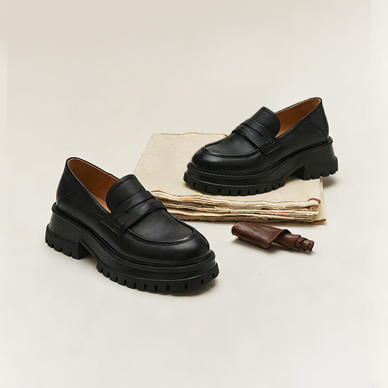 Bata Women's Loafers Spring 2026 New Retro British Style Leather Shoes Black Size 37