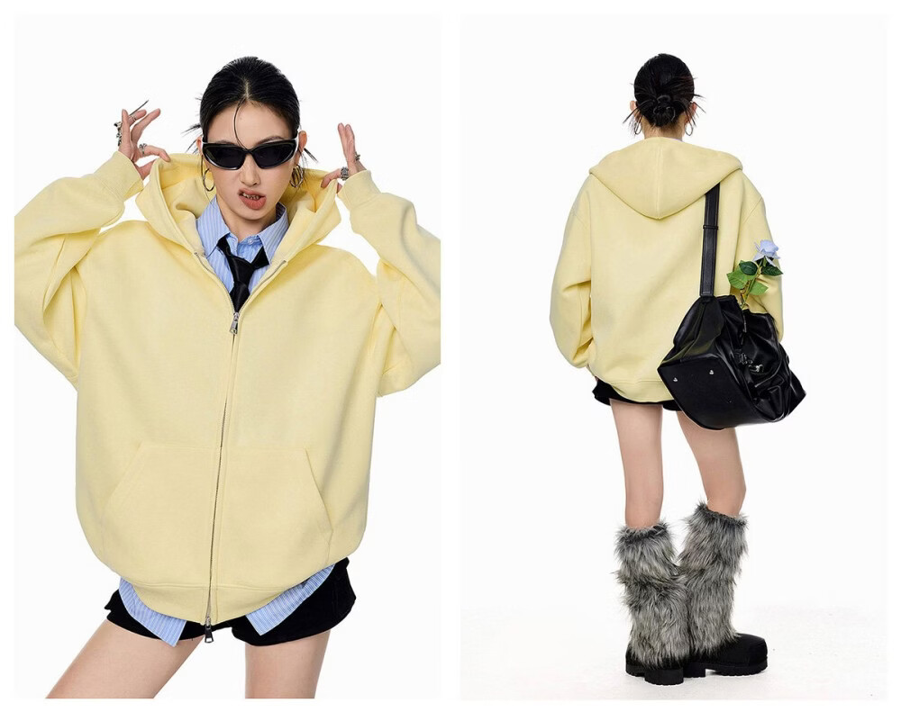 ICH MODE Women's American Style Hoodie Jacket 2026 Spring Autumn New Loose Fit Zip-up Lazy Long Sleeve Top Black S 46