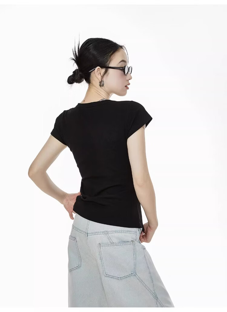 ICH MODE American Slim Fit Shoulder T-Shirt Women Summer New Short Crop Top Black L 7