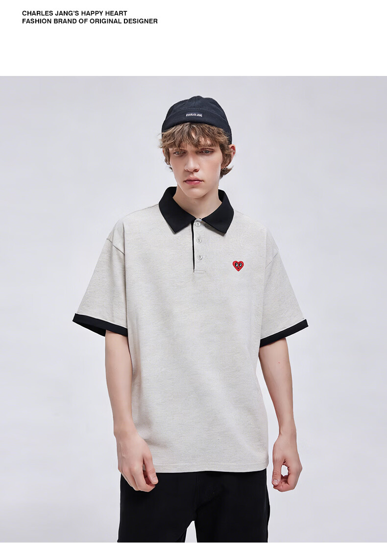 Charles Heart Simple Colorblock Small Heart Couple Casual Cotton Short Sleeve Polo Shirt Unisex Navy Blue XS 6