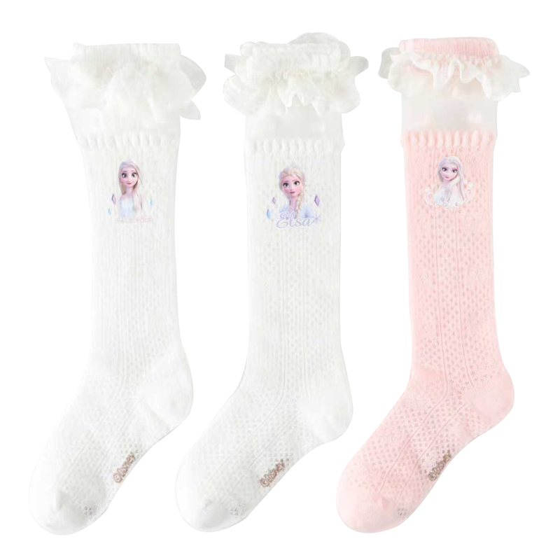 Disney Girls' Summer Thin Lace Mesh Knee-High Socks DSP3585 Elsa 3 Pairs 18-20cm