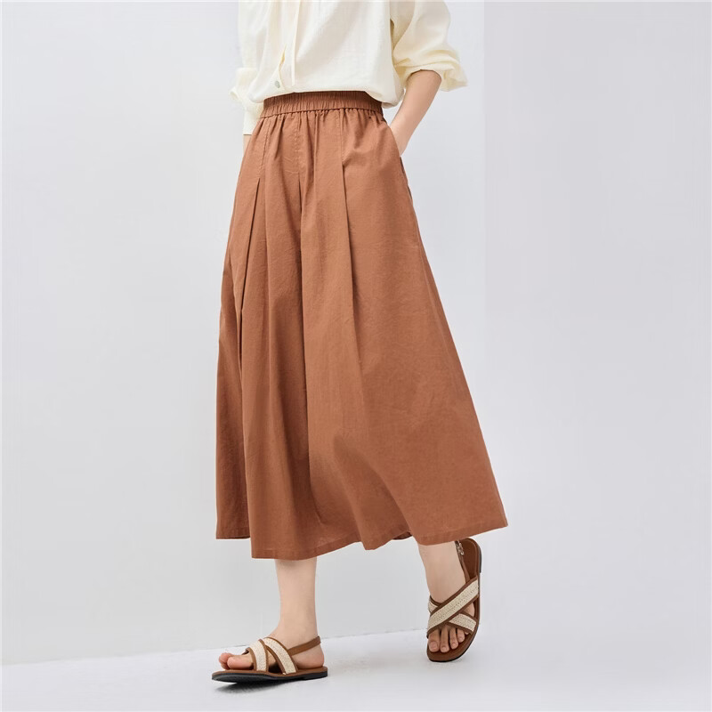 Giordano Women's Linen Skirt 2026 Spring New Cotton Linen Pleated Elastic Waist A-Line Midi Skirt 13466356