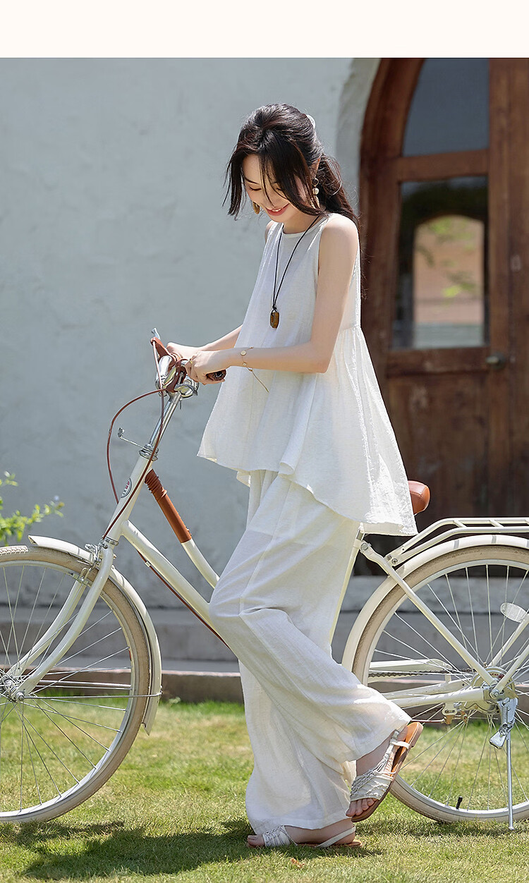 Demana [Simple Heart] Summer Cool Sensation Artistic Style Set Sleeveless Top Elastic Waist Casual Pants Two-Piece Set for Women 18