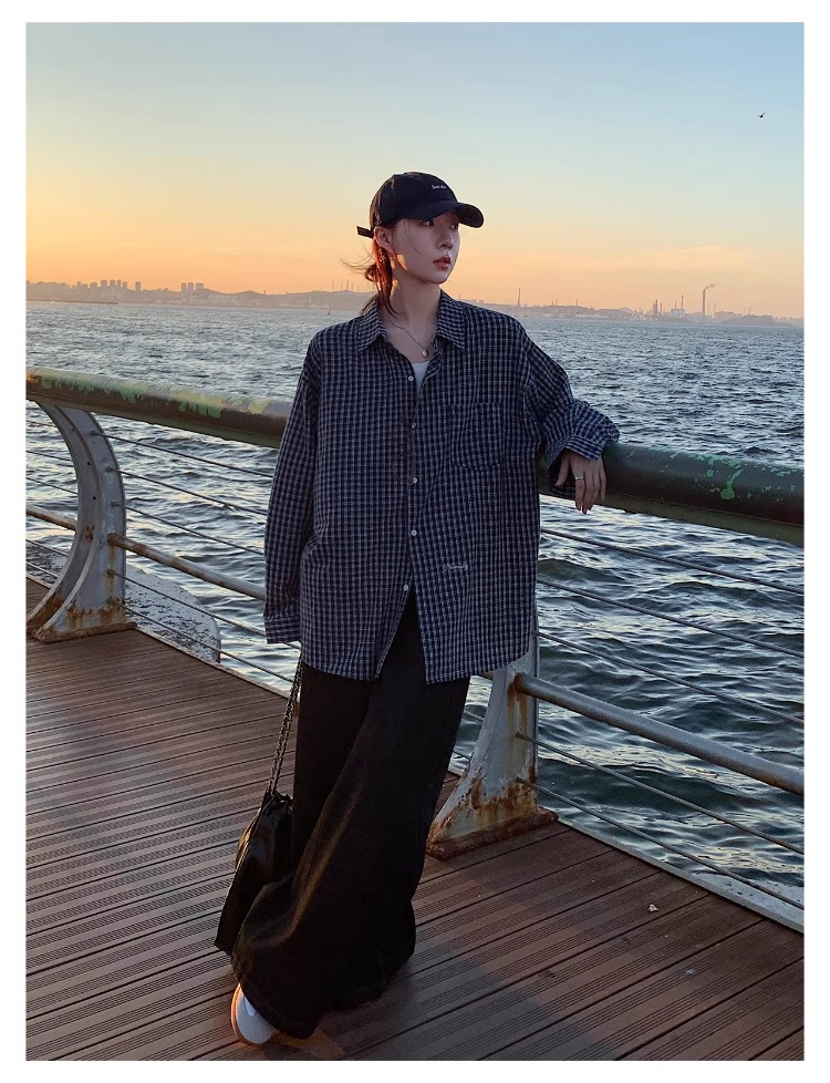 ICH MODE "Plaid Collector" Korean Retro Casual Black and White Plaid Long Sleeve Shirt Spring Autumn Shirt Silver Gray L 5