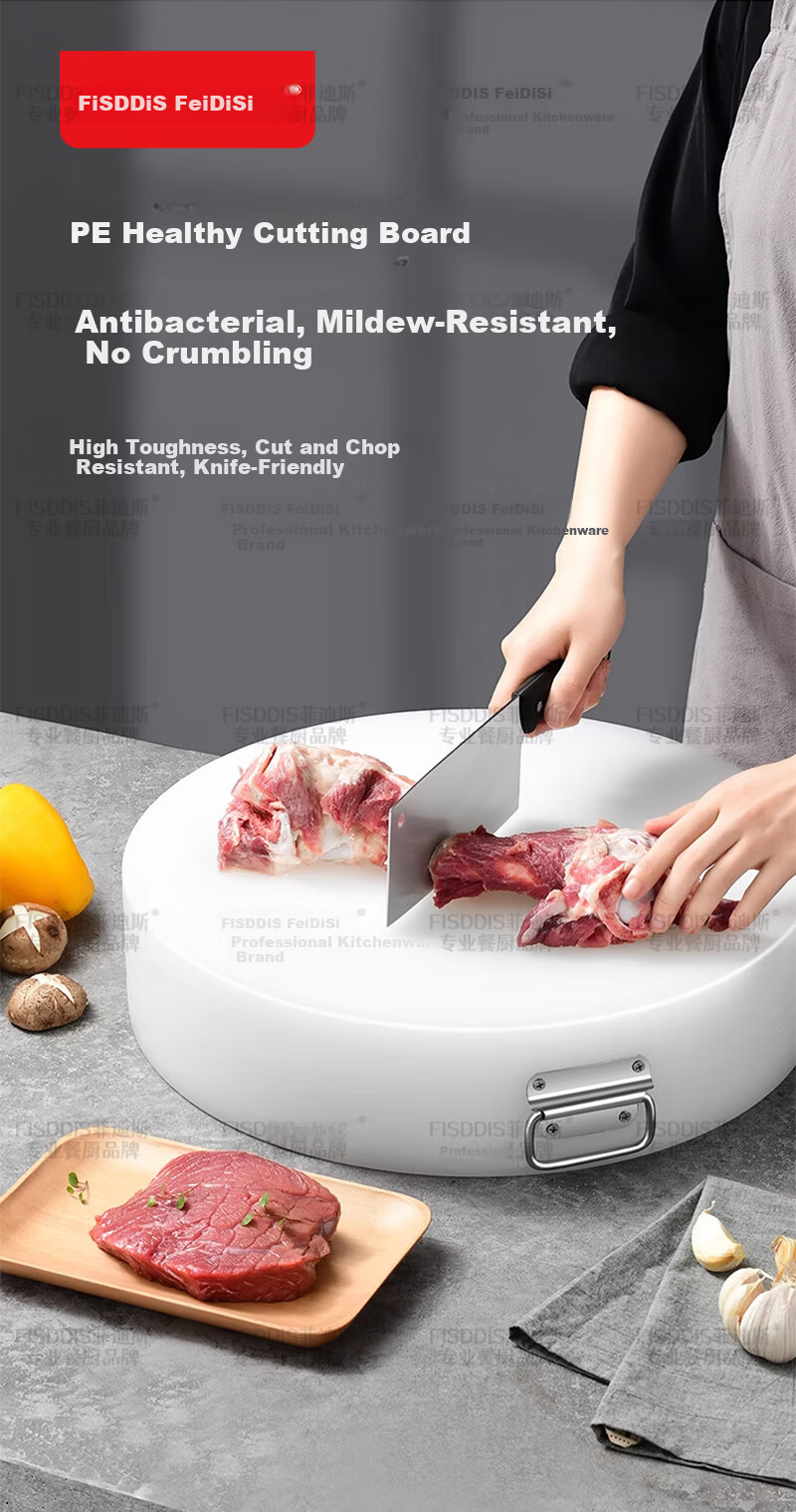 FISDDIS Round Extra Thick PE Cutting Board 40x5cm Meat and Vegetable Chopping Board Food Grade Antibacterial Mold Resistant Bone Chopping Block 1