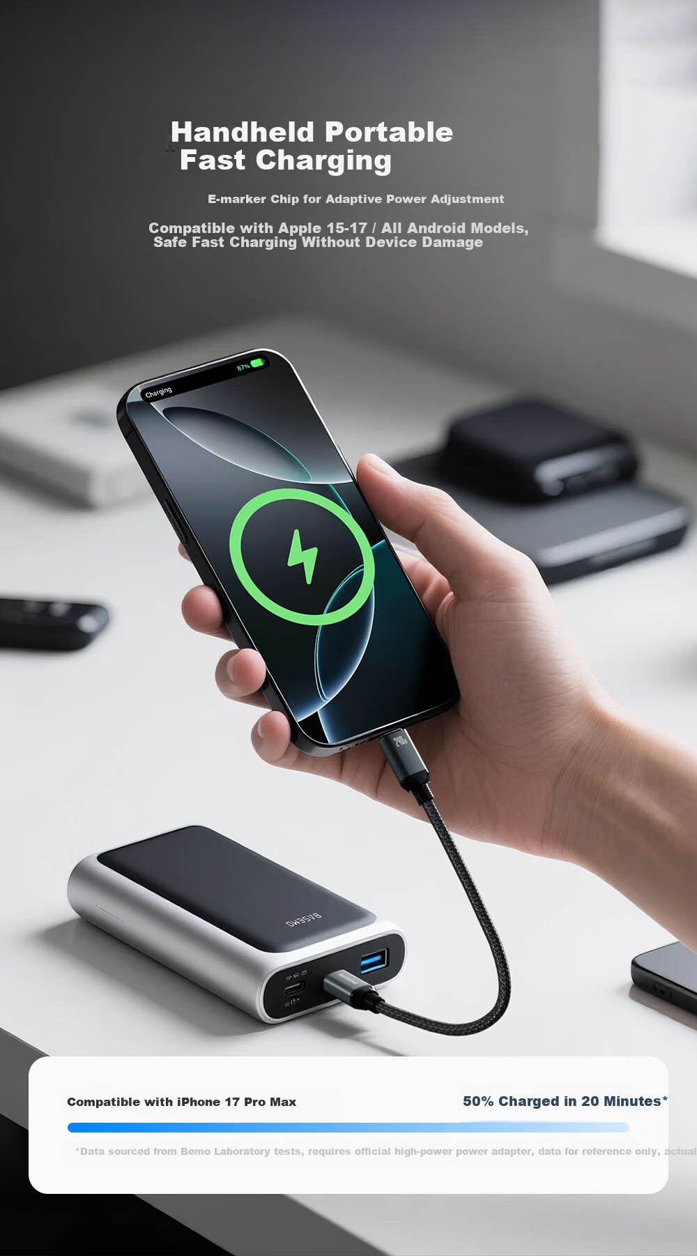 Beimo Magnetic Data Cable, 240W High-Power Fast Charging Cable, 20CM Short Cord, Suitable for IPhone 18 Pro Max/17/16, Huawei/Xiaomi Phones, IPad Tablets, Black 3