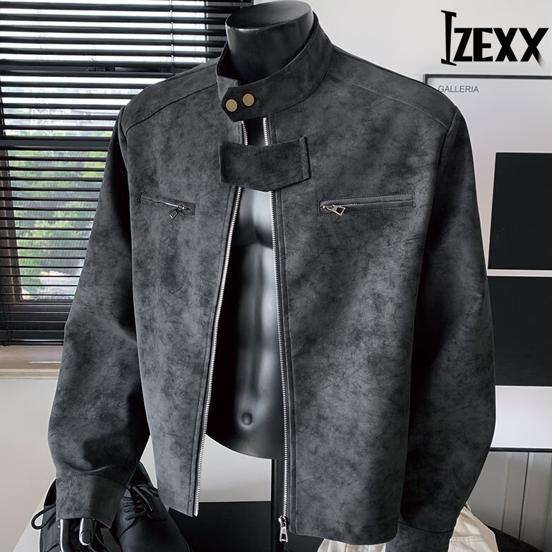 IZEXX Men's American Style Tie-Dye Jacket Autumn Winter Stand Collar Trendy Shoulder Motorcycle Leather Coat ZGJ58 Coffee 2XL