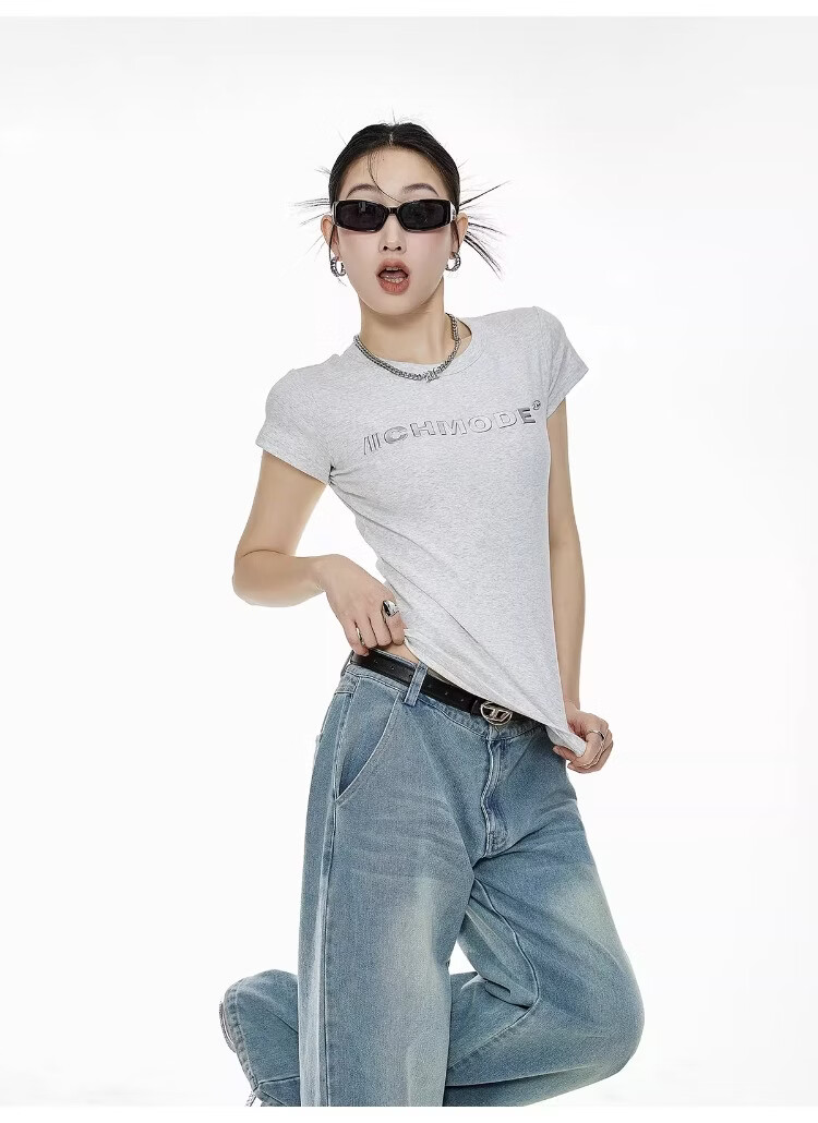 ICH MODE American Slim Fit Shoulder T-Shirt Women Summer New Short Crop Top Black L 23