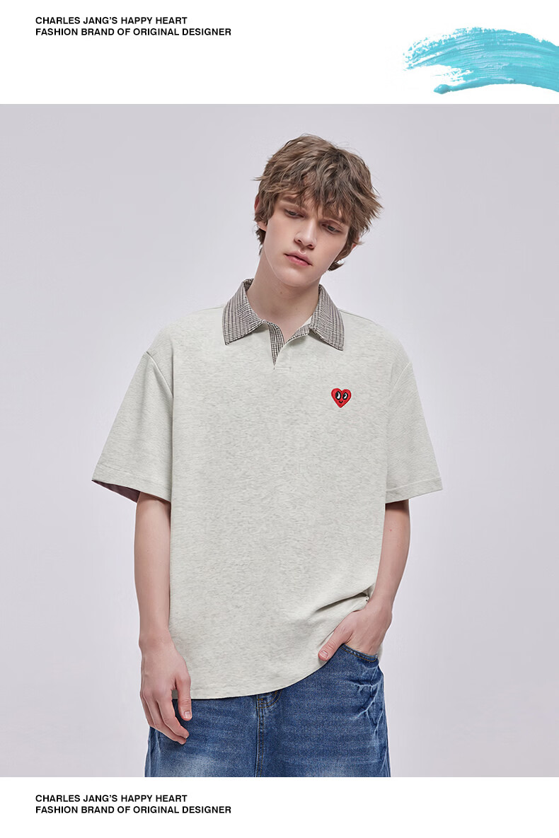 Charles Peach Heart Summer Small Heart Color-Block Breathable Cotton-Padded Couple Casual Unisex Short Sleeve Polo Shirt Off-White XS 13