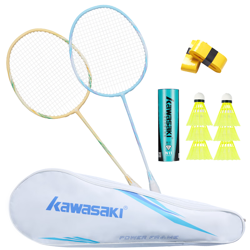 Kawasaki Badminton Racket Ultra-Light Carbon Fiber Mid-Shaft Pair KD-1pro Blue And Yellow (Pre-Strung + 6 Shuttlecocks + Grip Tape + Racket Case)